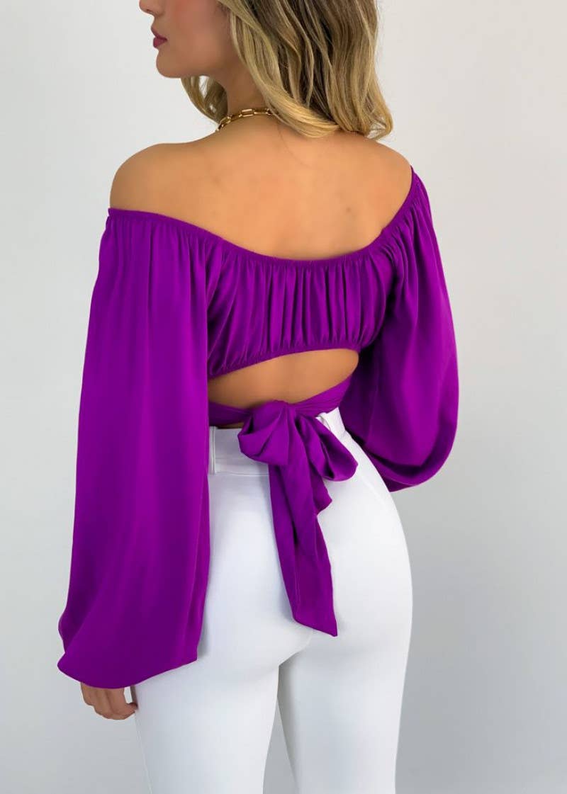 Crop Top Balloon Sleeve Straight-Neck Shirt – White