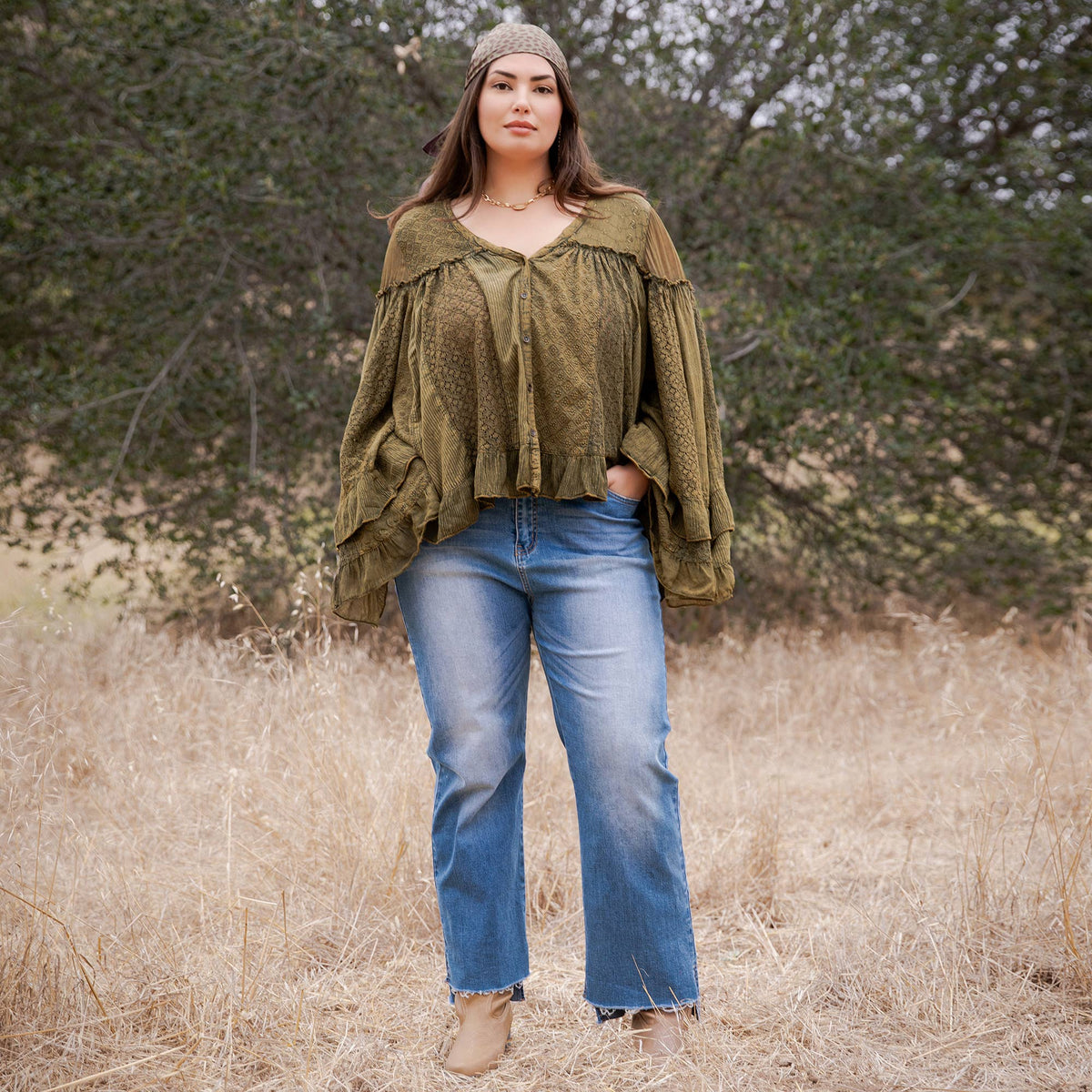 Young Threads Dreamy Sheer V-Neck Ruffled Button-Front Top – Gravel