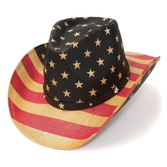 Red, Brown & Blue Americana Straw Western Hat: L/XL