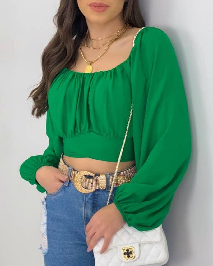 Crop Top Balloon Sleeve Straight-Neck Shirt – White