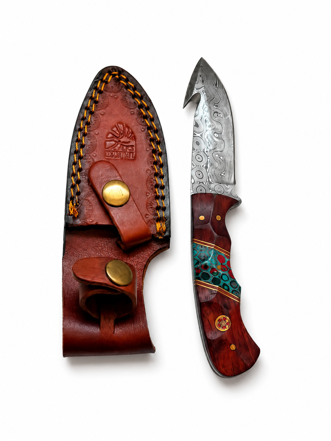 Titan International Titan Crimson Mosaic Damascus Outdoor Knife with Custom Leather Sheath
