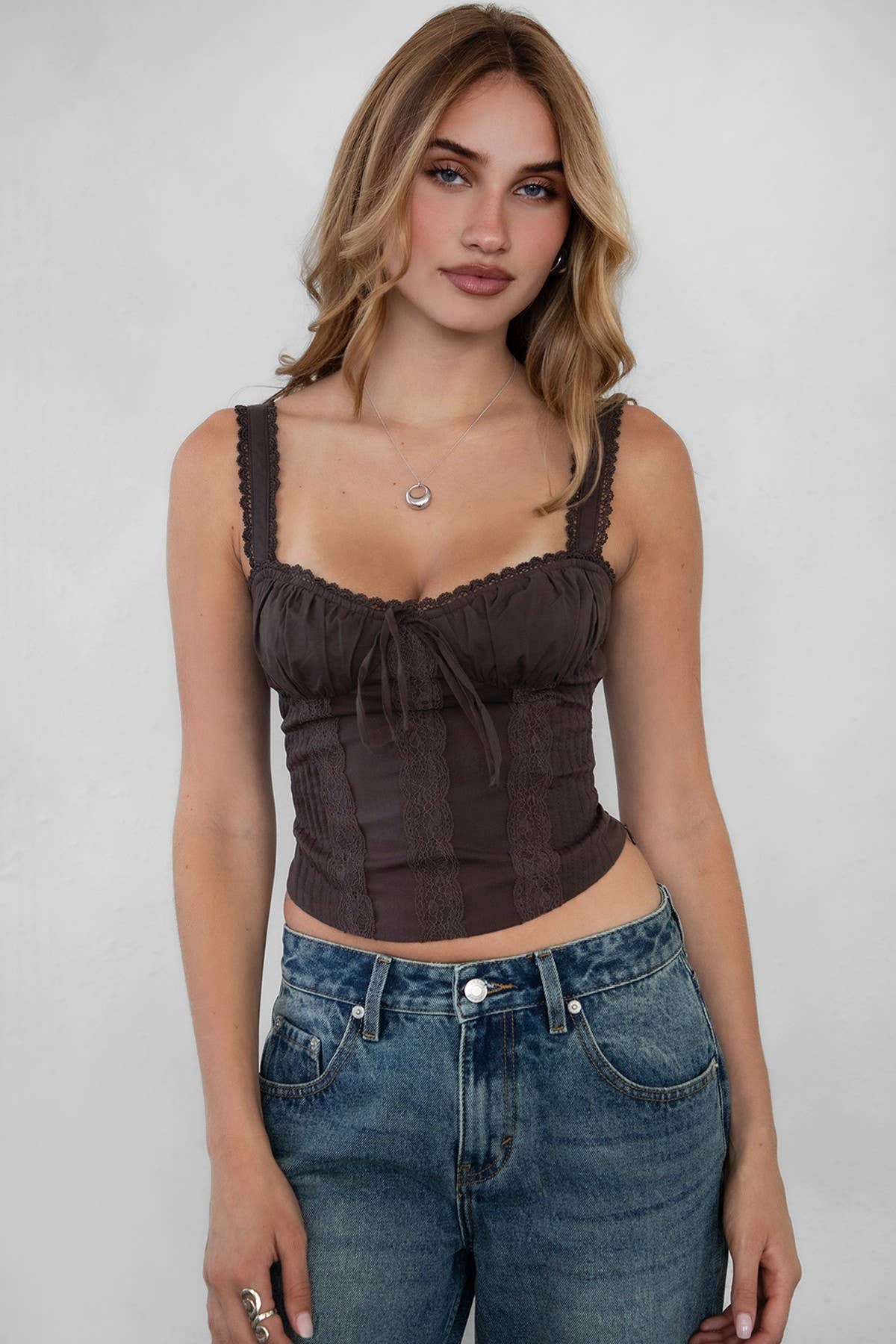 TICTOC TILLA Sweetheart Neckline with Lace Trim Milkmaid Corset Top – Brown