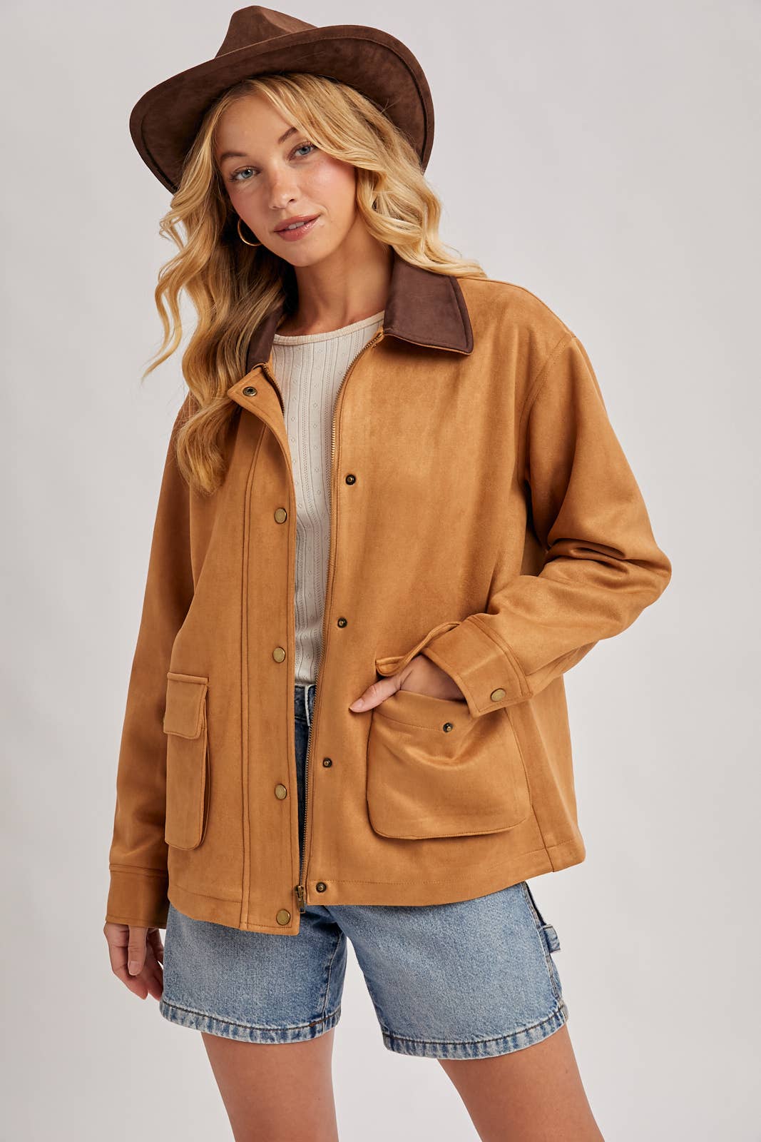 Peace Love Line Women's Faux Suede Button-Down Jacket (PL9022) – Camel