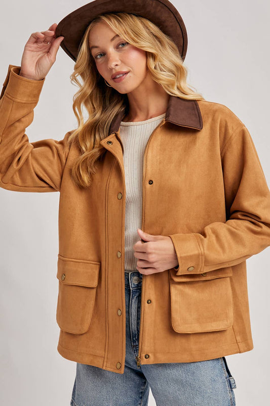 Peace Love Line Women's Faux Suede Button-Down Jacket (PL9022) – Camel