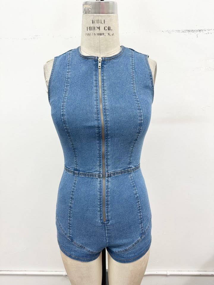 Timing Brand Women's Zip-Front Stretch Denim Romper