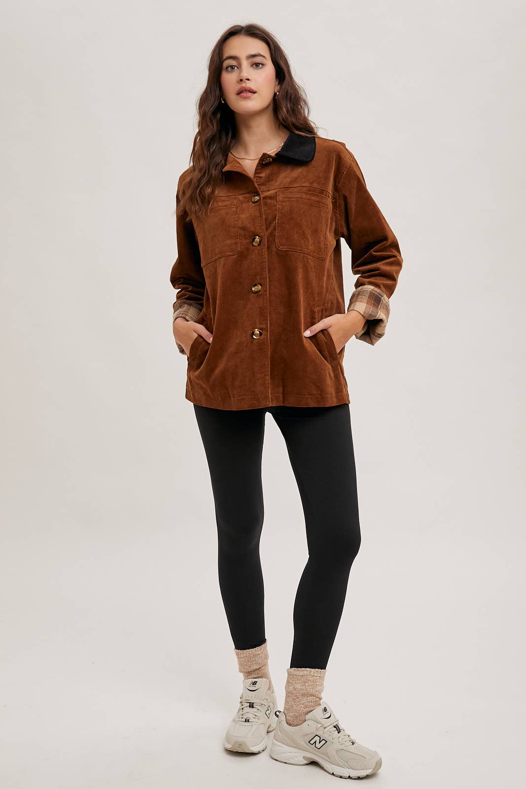 Peace Love Line Women's Corduroy Barn Coat with Plaid Lining (PL4686) – Black