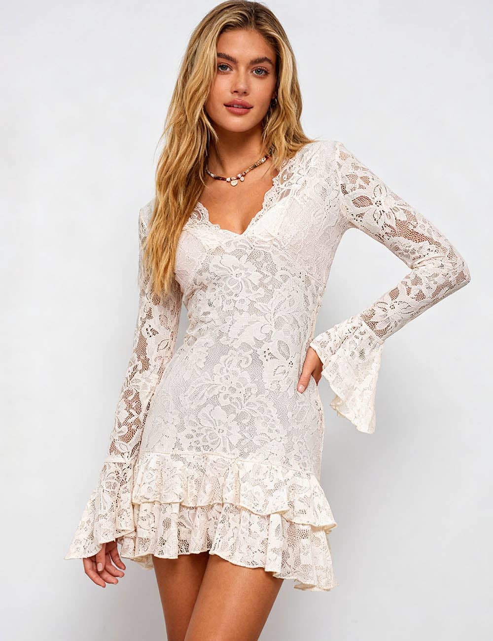 Sweet Kama Brand Ladies White Lace Scalloped Trim V-Neck Tiered Ruffle Mini Dress