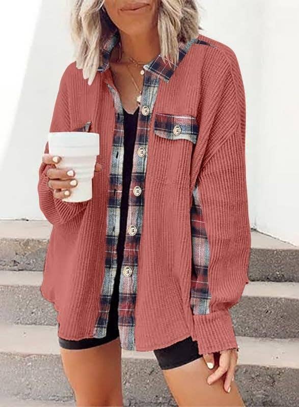 Sweet Kama Women's Plaid Waffle Button-Down Shirt – Apricot