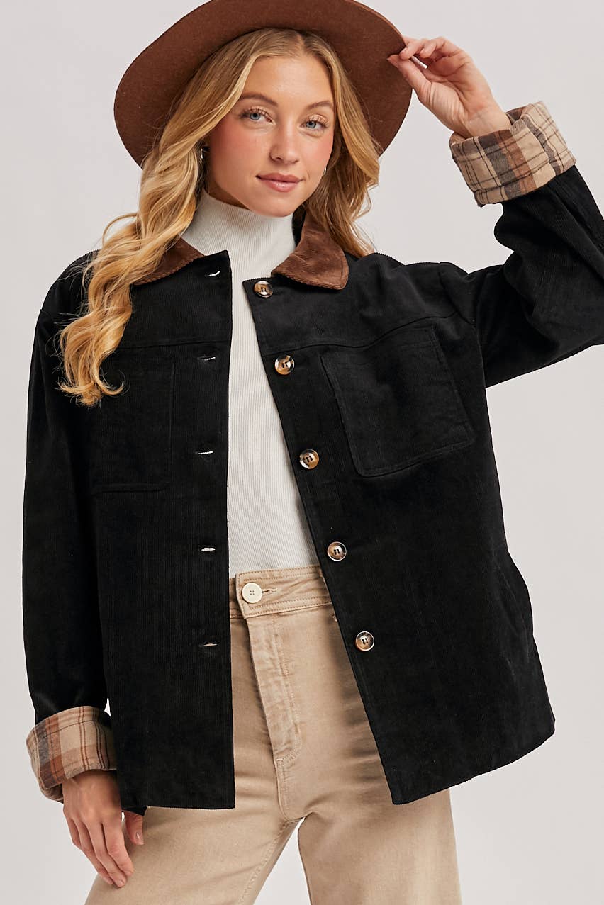Peace Love Line Women's Corduroy Barn Coat with Plaid Lining (PL4686) – Black