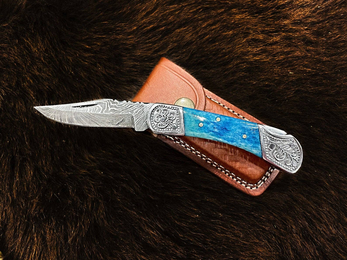 Titan International Pocket Knife Dyed Blue Bone 6.5'' Damascus Steel Knife Steel