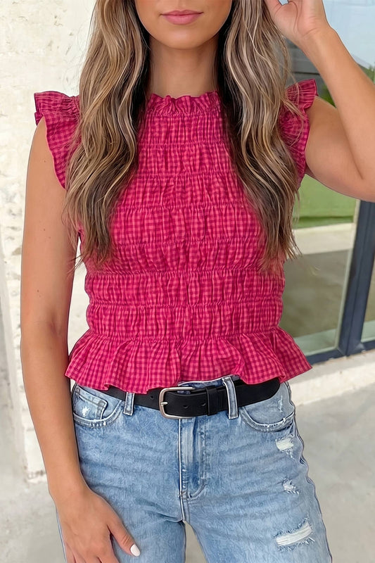 Aapparella Plaid Shirred Ruffle Trim Tank Top | S-XL