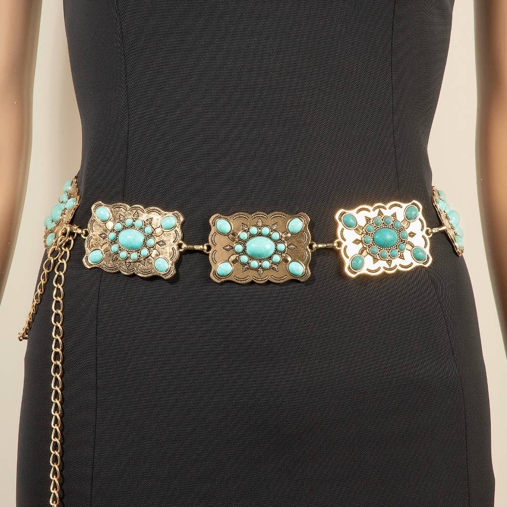 Anarchy Street Western Mixed Turquoise Stud Rectangle Concho Chain Belt
