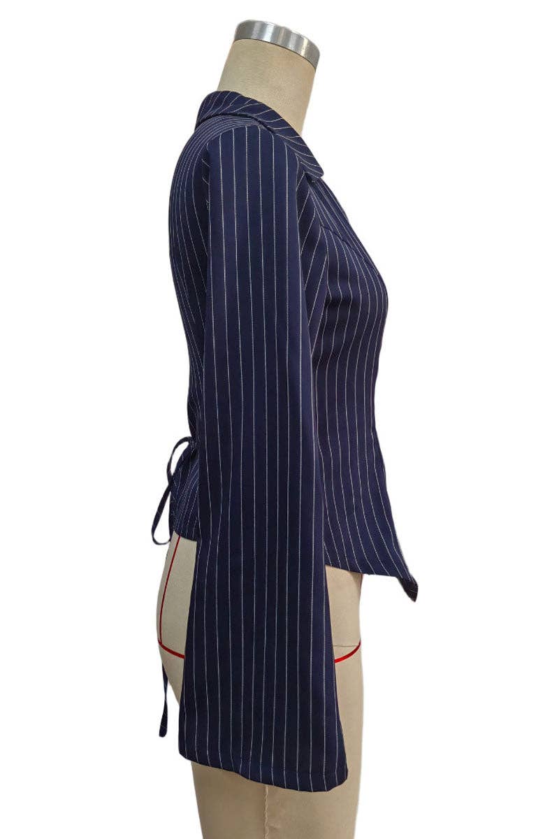 Soli Echo Striped Wrap V-Neck Tie Waist Blouse