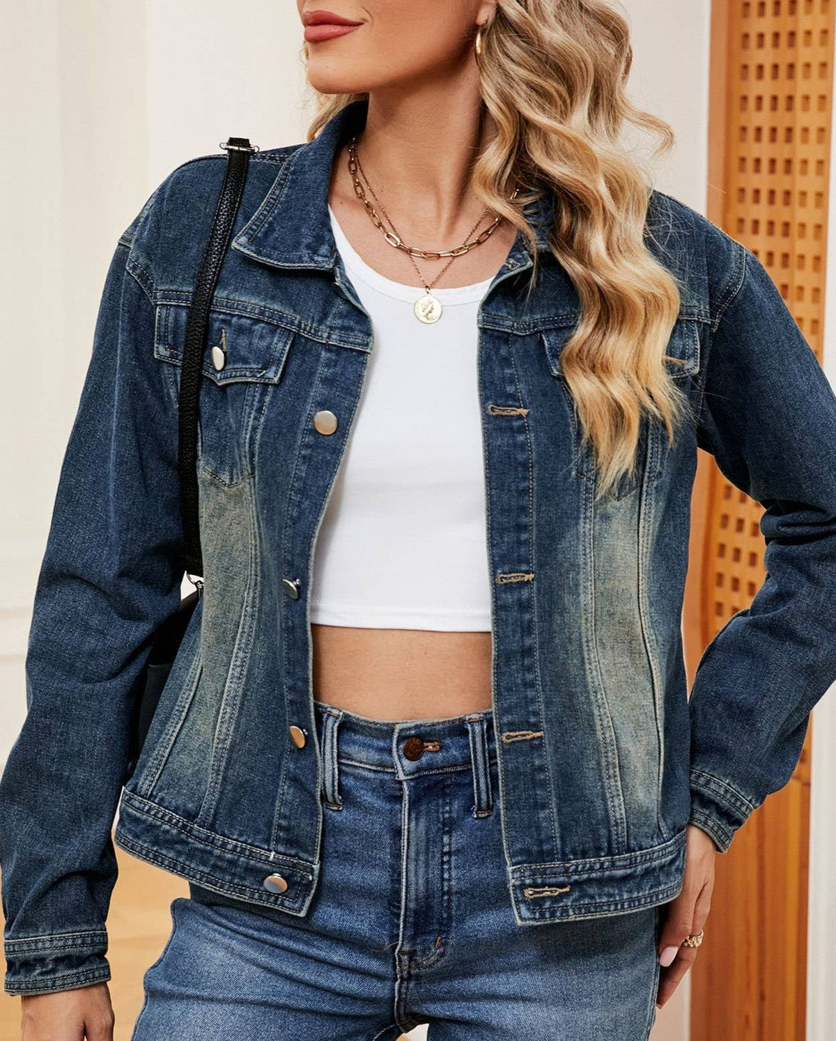 Vintage Gradient Lapel Wash Denim Jacket – DarkBlue
