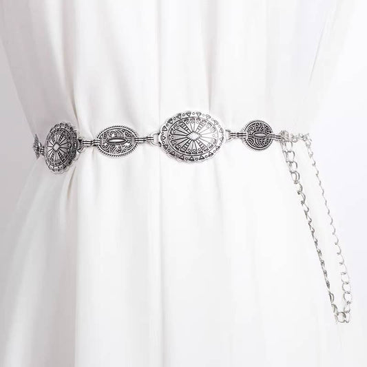 High-End Ethnic Style Vintage Metal Belt Chain: Silvery / M