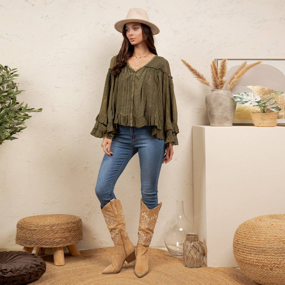 Young Threads Dreamy Sheer V-Neck Ruffled Button-Front Top – Gravel