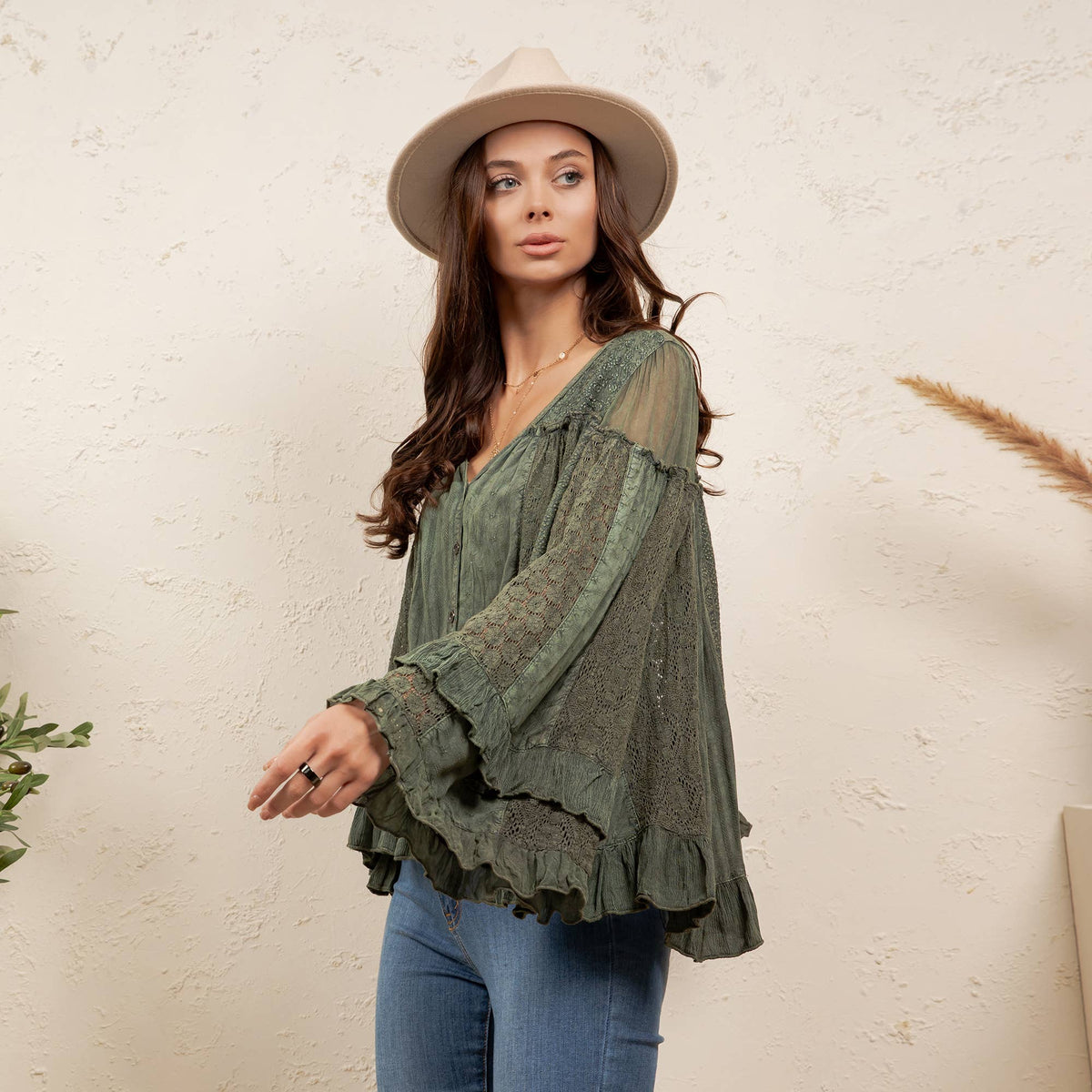 Young Threads Dreamy Sheer V-Neck Ruffled Button-Front Top – Gravel