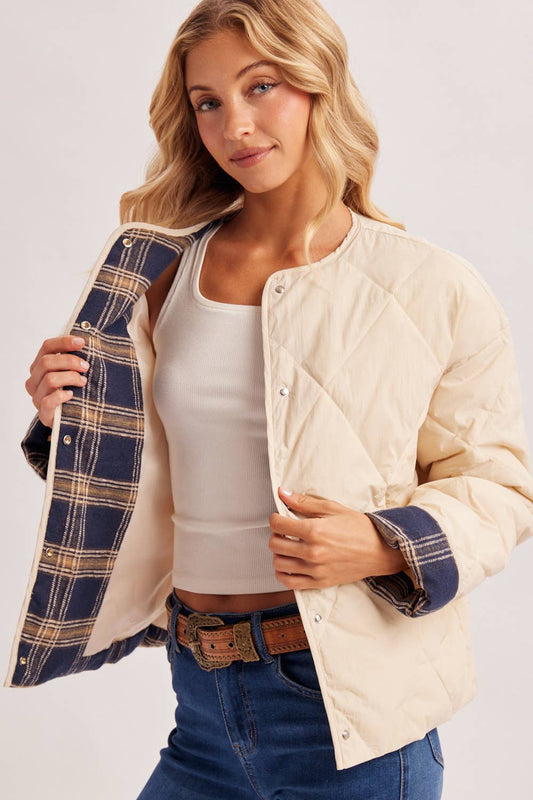 Peace Love Line Women's Contrast-Cuff Puffer Jacket (PM6144) – Ecru