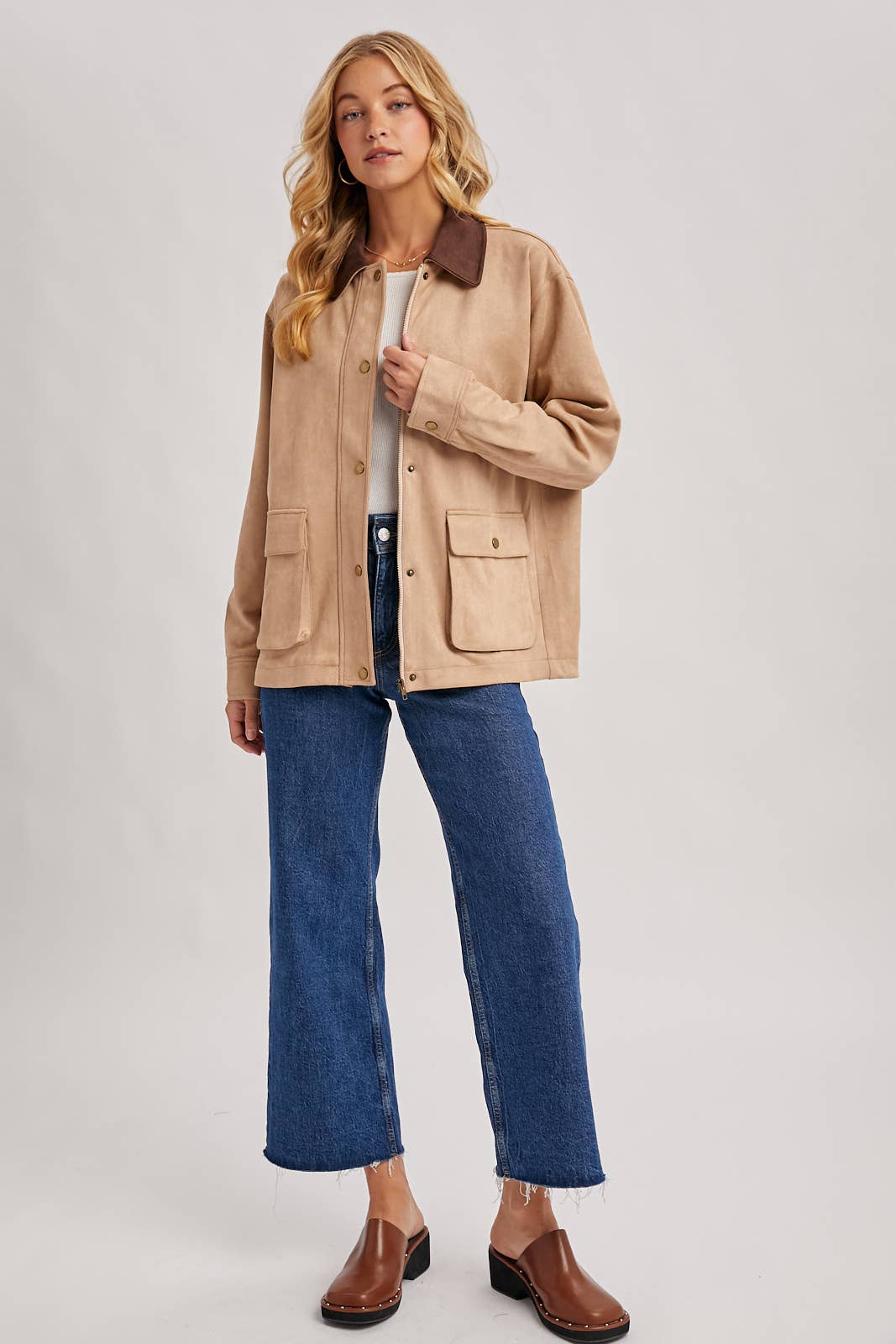 Peace Love Line Women's Faux Suede Button-Down Jacket (PL9022) – Camel