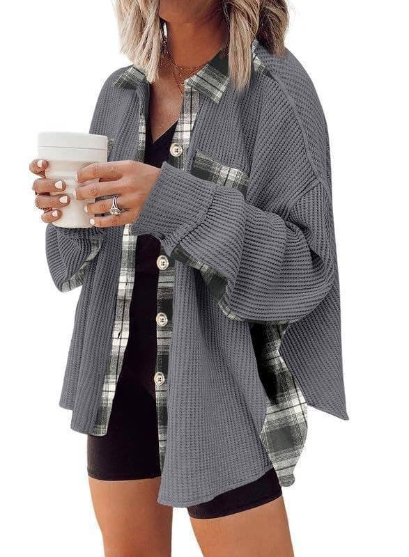 Sweet Kama Women's Plaid Waffle Button-Down Shirt – Apricot