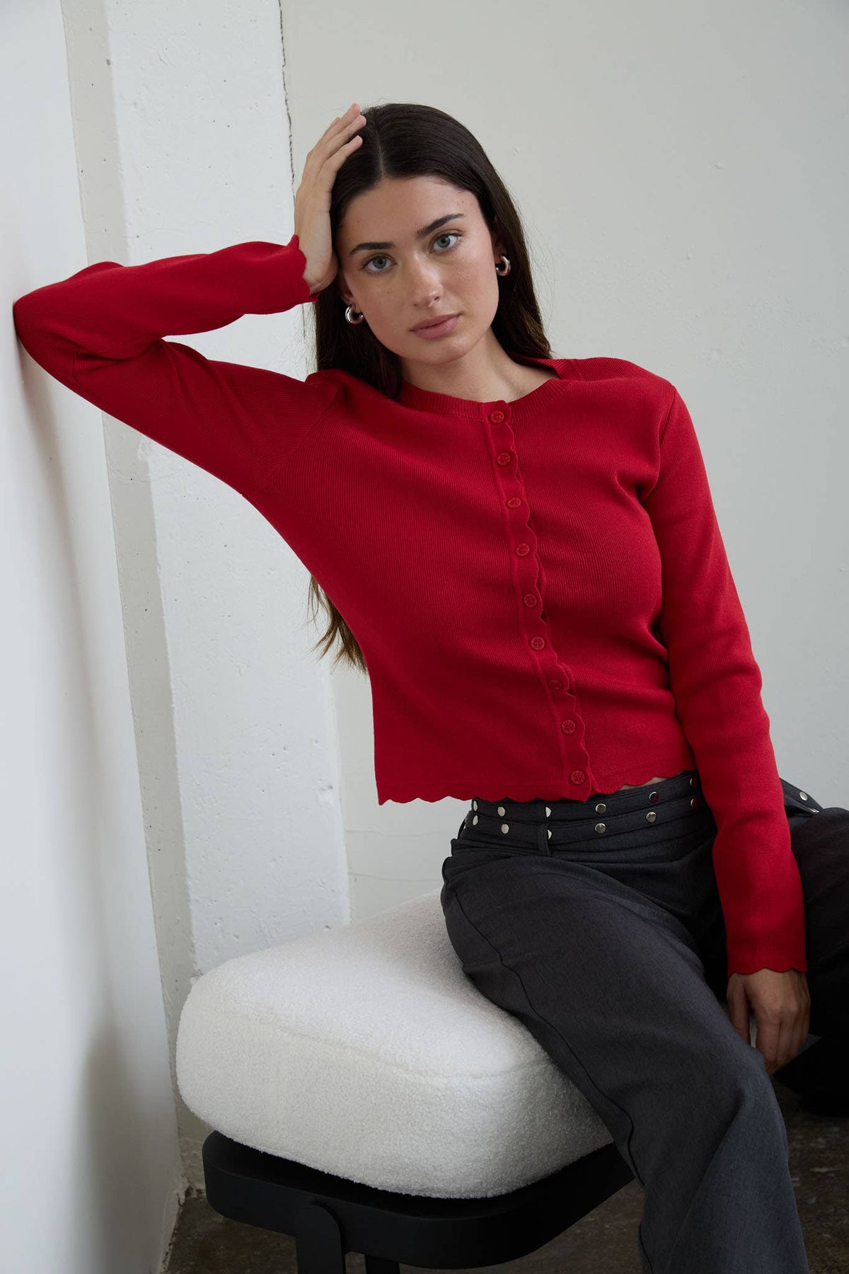 The Workshop Studio Scalloped Button Detail Long Sleeve Knit Cardigan