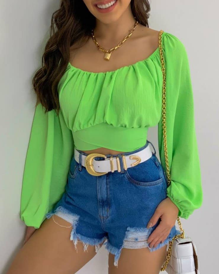 Crop Top Balloon Sleeve Straight-Neck Shirt – White