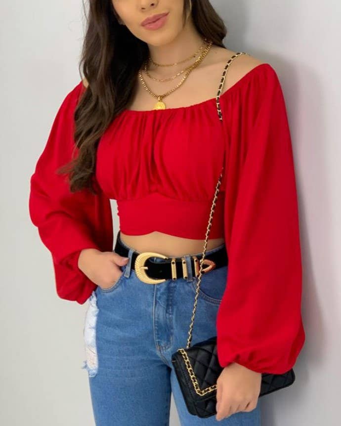 Crop Top Balloon Sleeve Straight-Neck Shirt – White