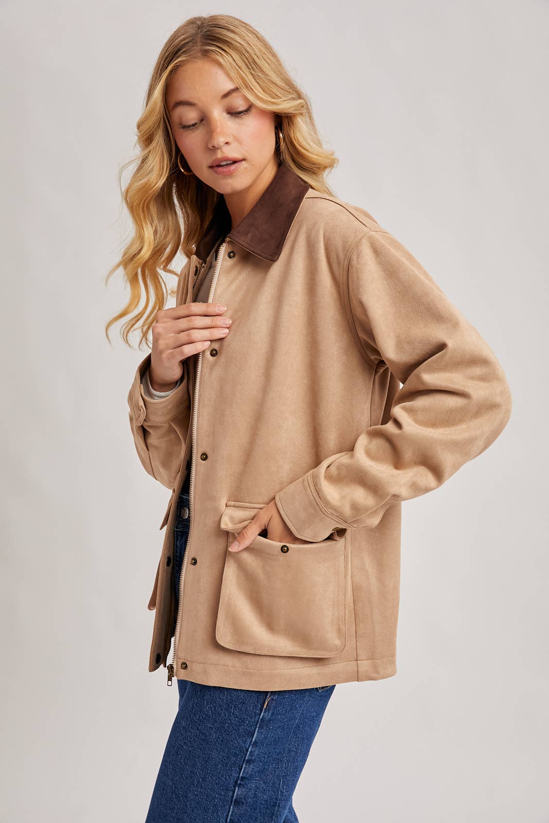 Peace Love Line Women's Faux Suede Button-Down Jacket (PL9022) – Camel
