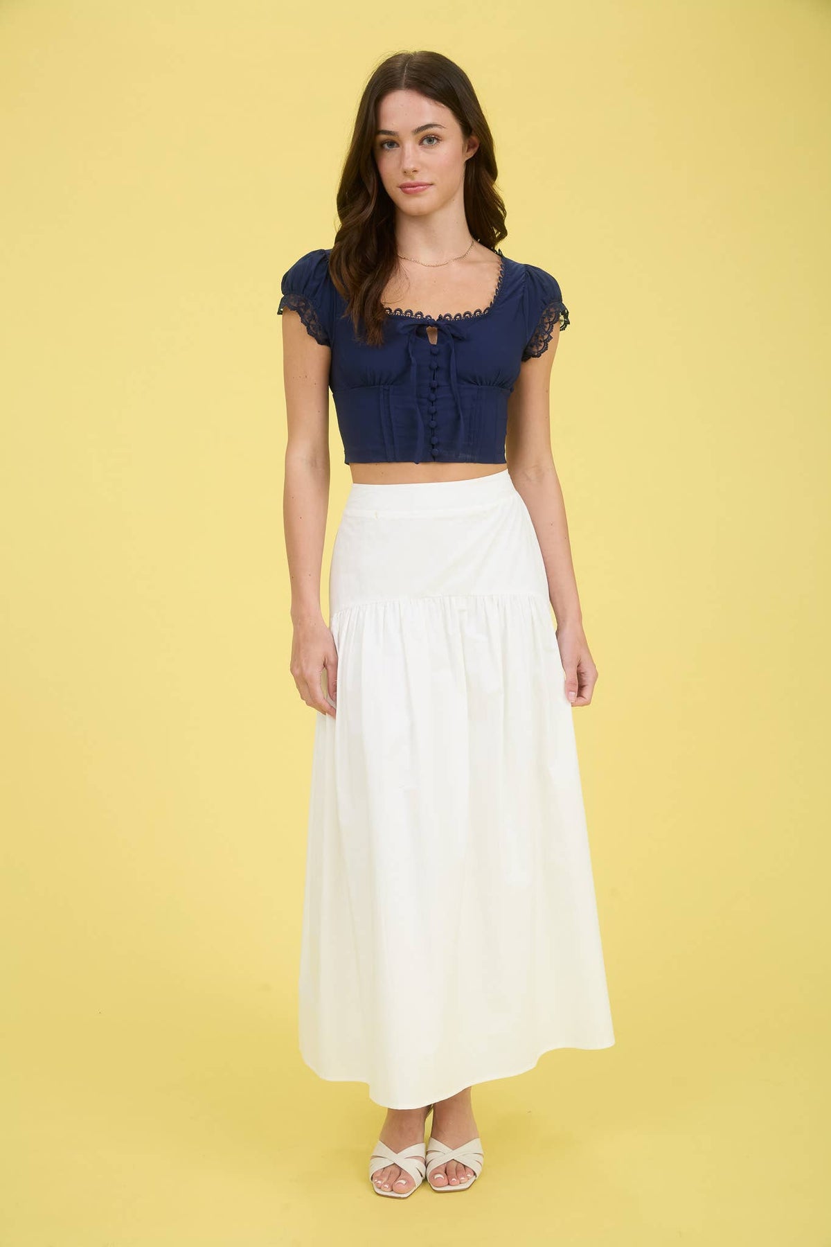 Blu Pepper Lace Trim Button Down Front Tie Crop Top – White
