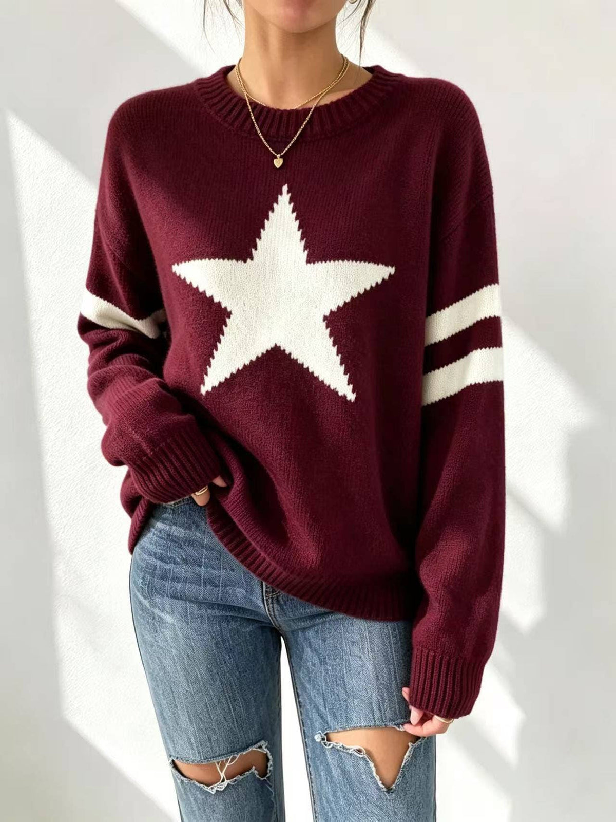 Vintage Pentagram Jacquard Stripe Sleeve Knit Sweater – Beige