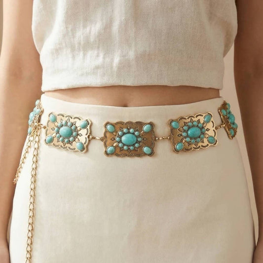 Anarchy Street Western Mixed Turquoise Stud Rectangle Concho Chain Belt