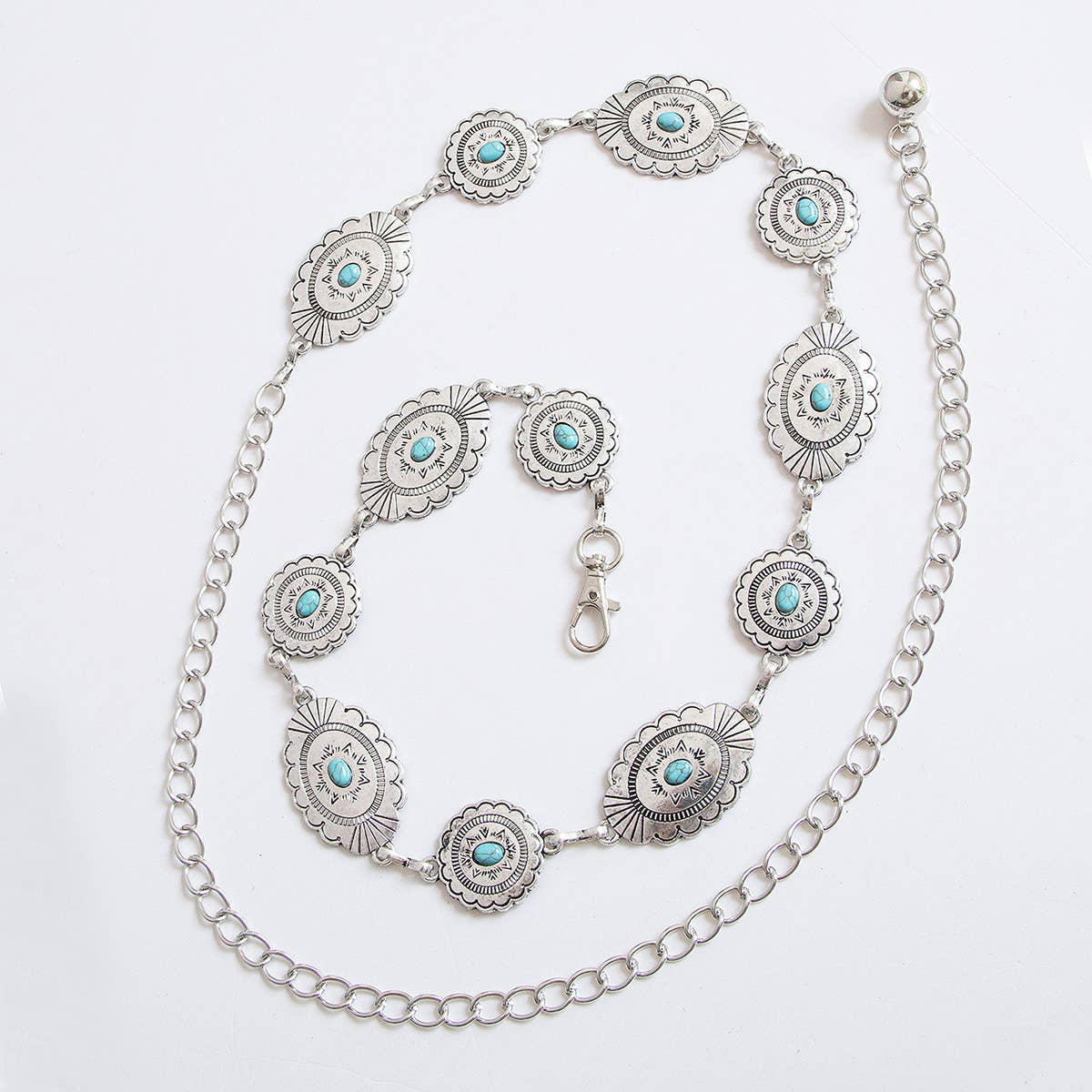 Vintage Turquoise Bohemian Metal Waist Chain: Flowers / M