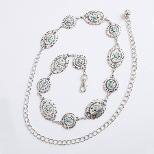 Vintage Turquoise Bohemian Metal Waist Chain: Flowers / M