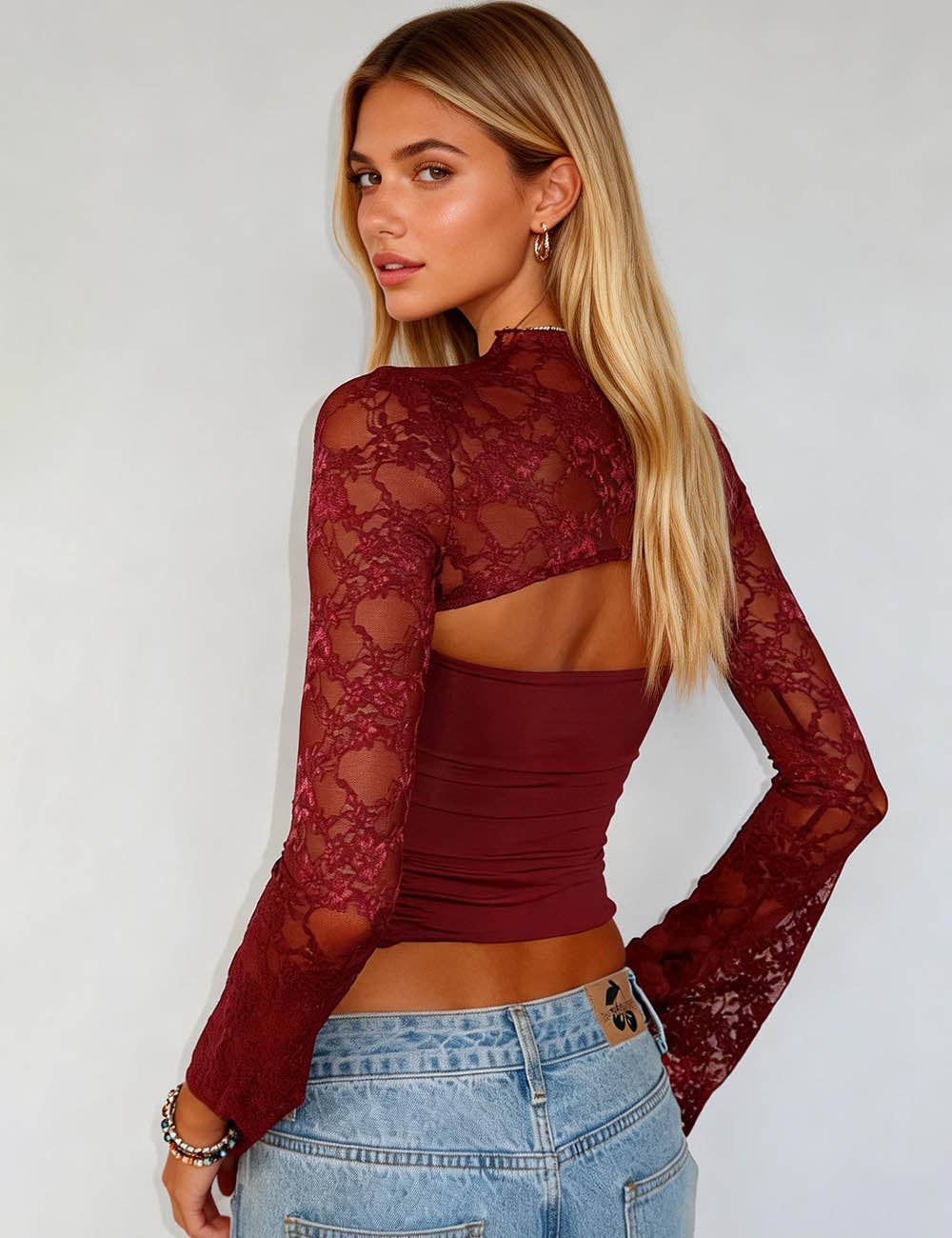 Sweet Kama Women's Lace Splice Cutout Flared Long Sleeves Bodycon Top