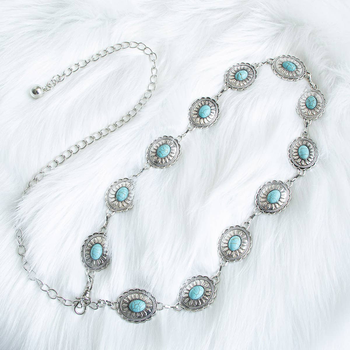 Vintage Turquoise Bohemian Metal Waist Chain: Flowers / M
