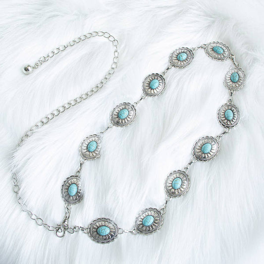 Vintage Turquoise Bohemian Metal Waist Chain: Oval / M