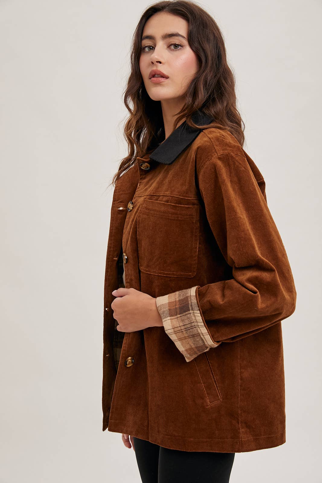 Peace Love Line Women's Corduroy Barn Coat with Plaid Lining (PL4686) – Black