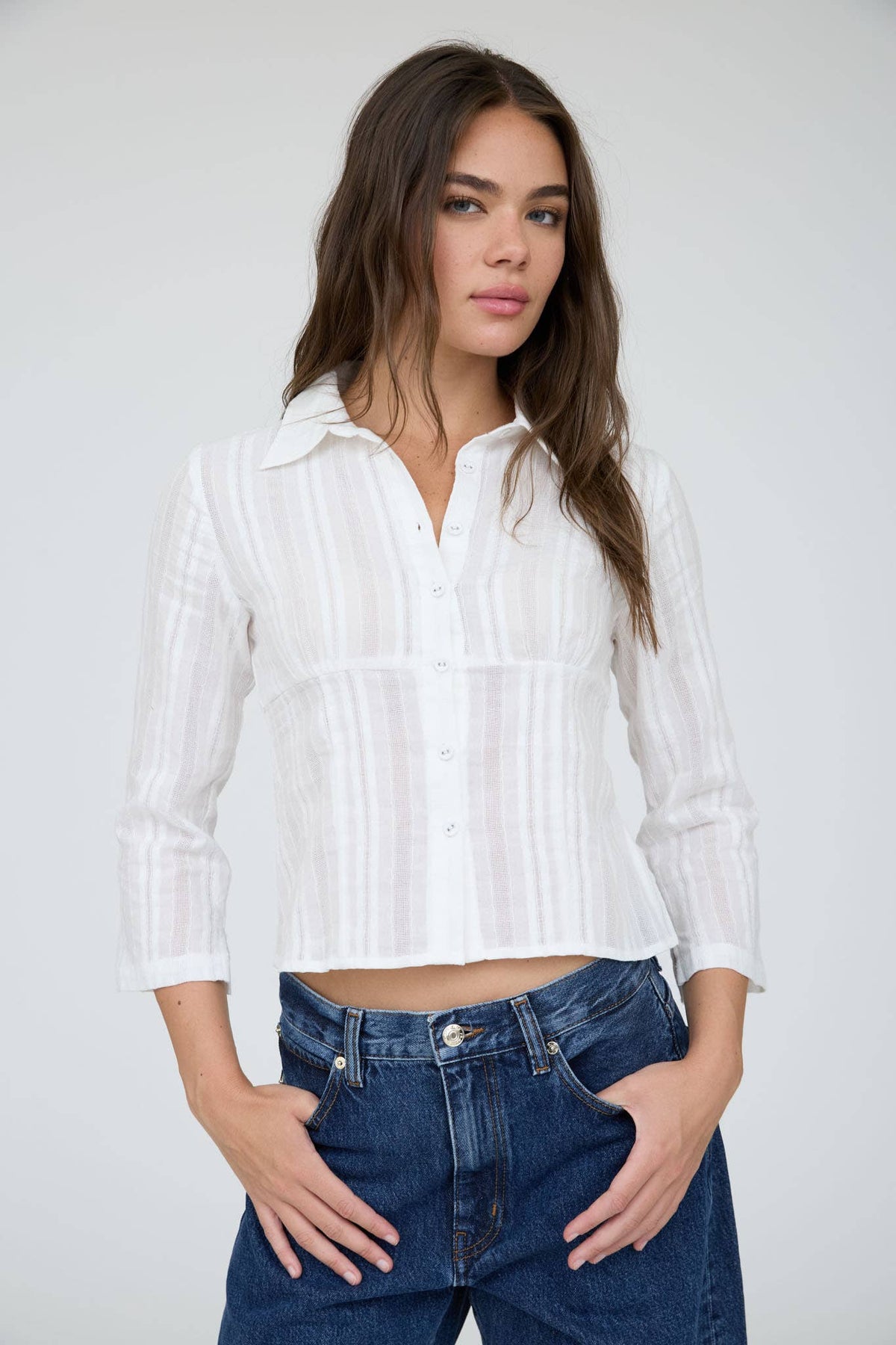 Blu Pepper Stripe Collared Long Sleeve Empire Waist Top – Brown