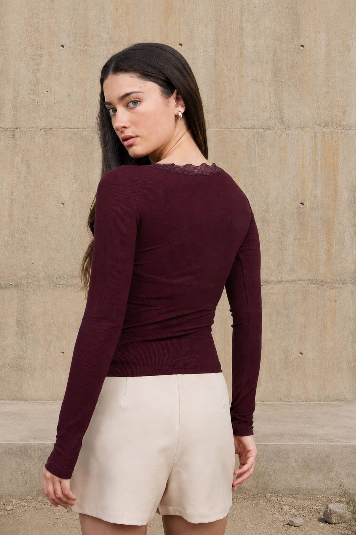 The Workshop Studio Lace Trim Button Detail Long Sleeve Knit Top