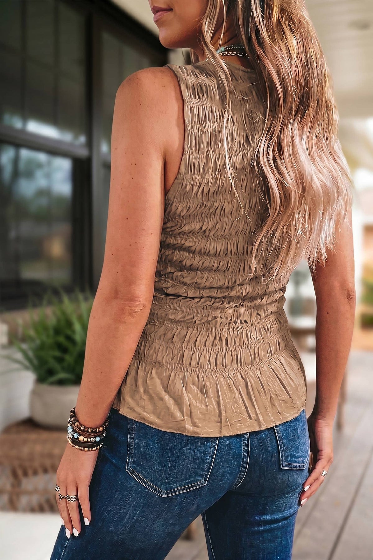 Aapparella Western Texture Ruffle Hem Tank Top | S-XL – Khaki