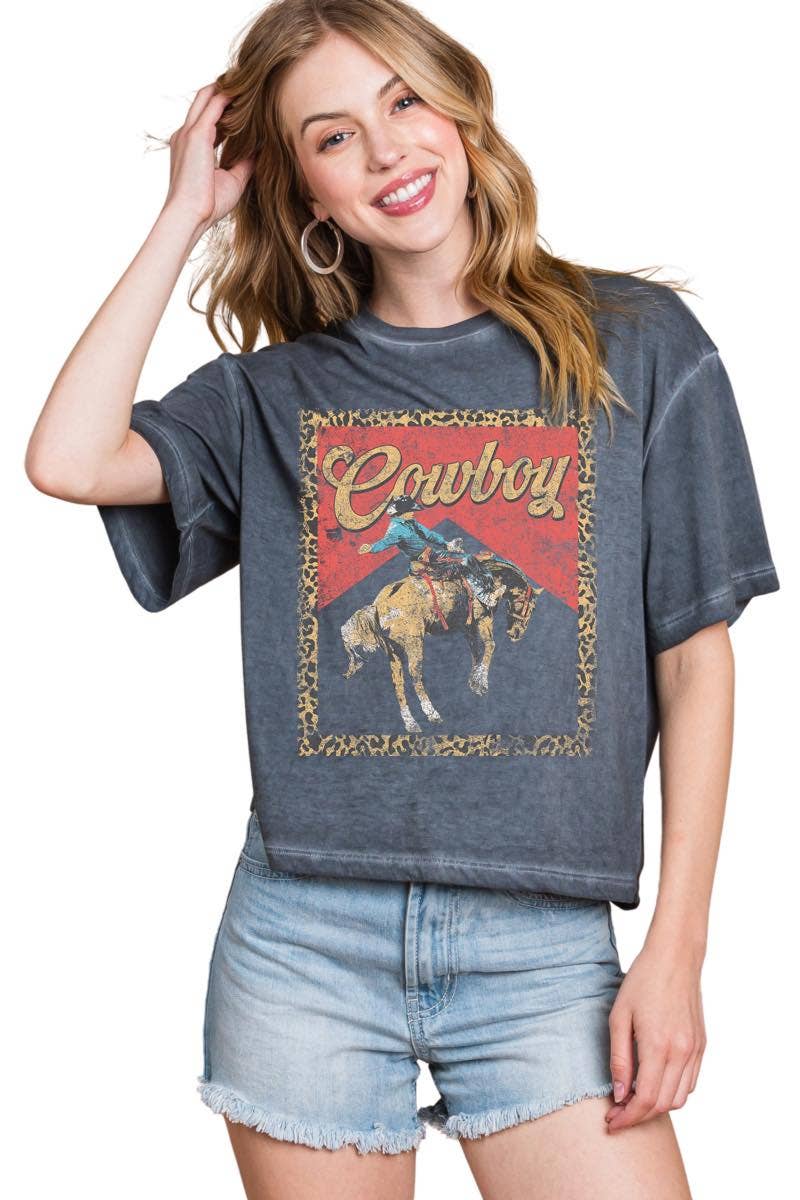 Zutter Cowboy Leopard Frame Graphic S/S Lunar Dye Faux Crop – Black
