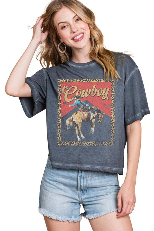 Zutter Cowboy Leopard Frame Graphic S/S Lunar Dye Faux Crop – Black