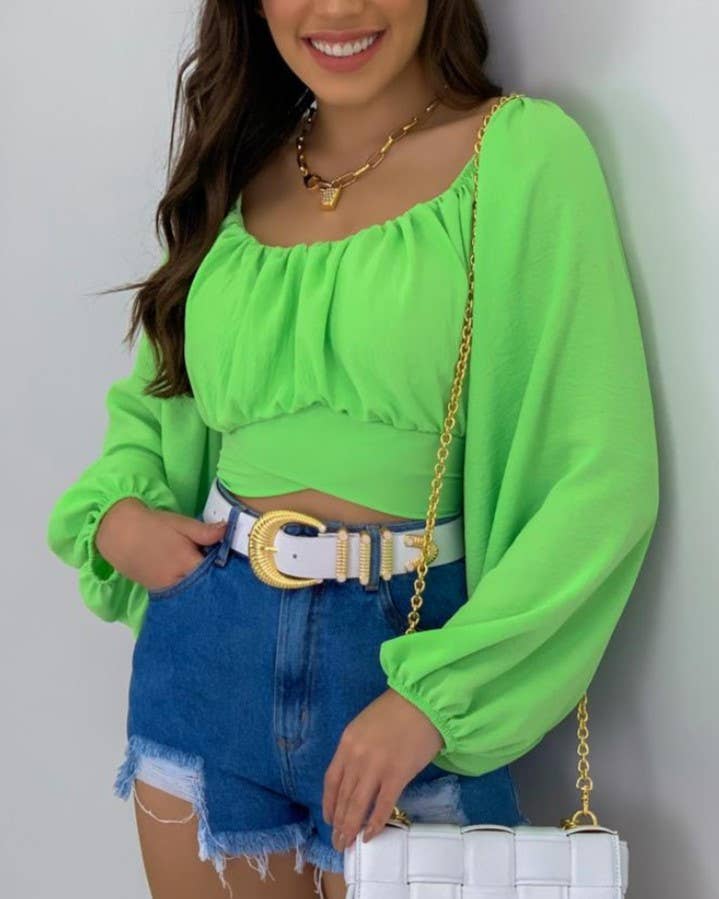 Crop Top Balloon Sleeve Straight-Neck Shirt – White