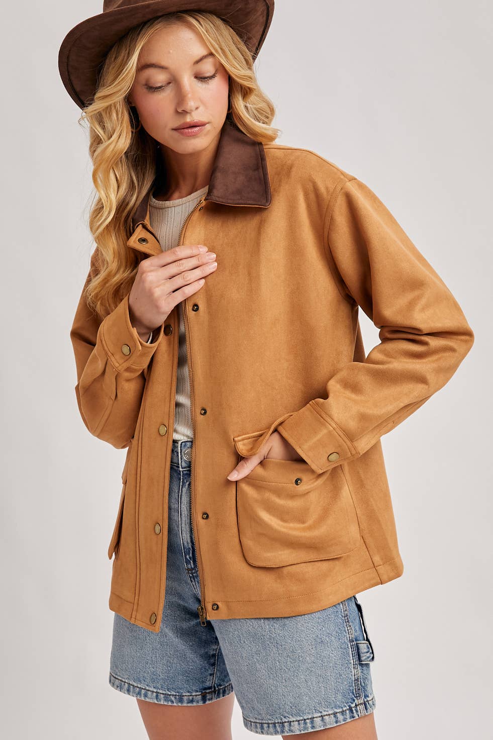 Peace Love Line Women's Faux Suede Button-Down Jacket (PL9022) – Camel