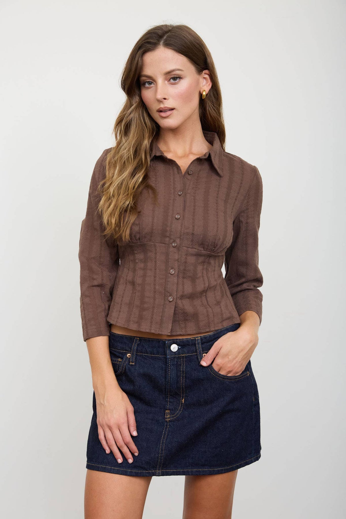 Blu Pepper Stripe Collared Long Sleeve Empire Waist Top – Brown