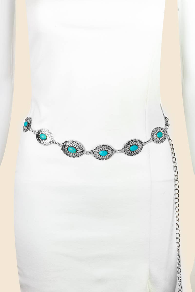 Anarchy Street Floral Turquoise Concho Disc Chain Belt – G