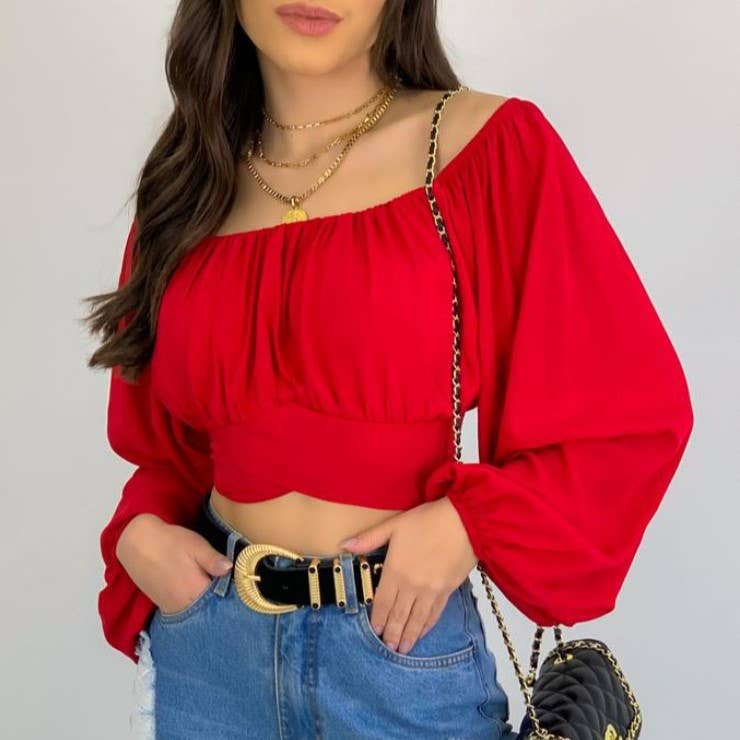 Crop Top Balloon Sleeve Straight-Neck Shirt – White