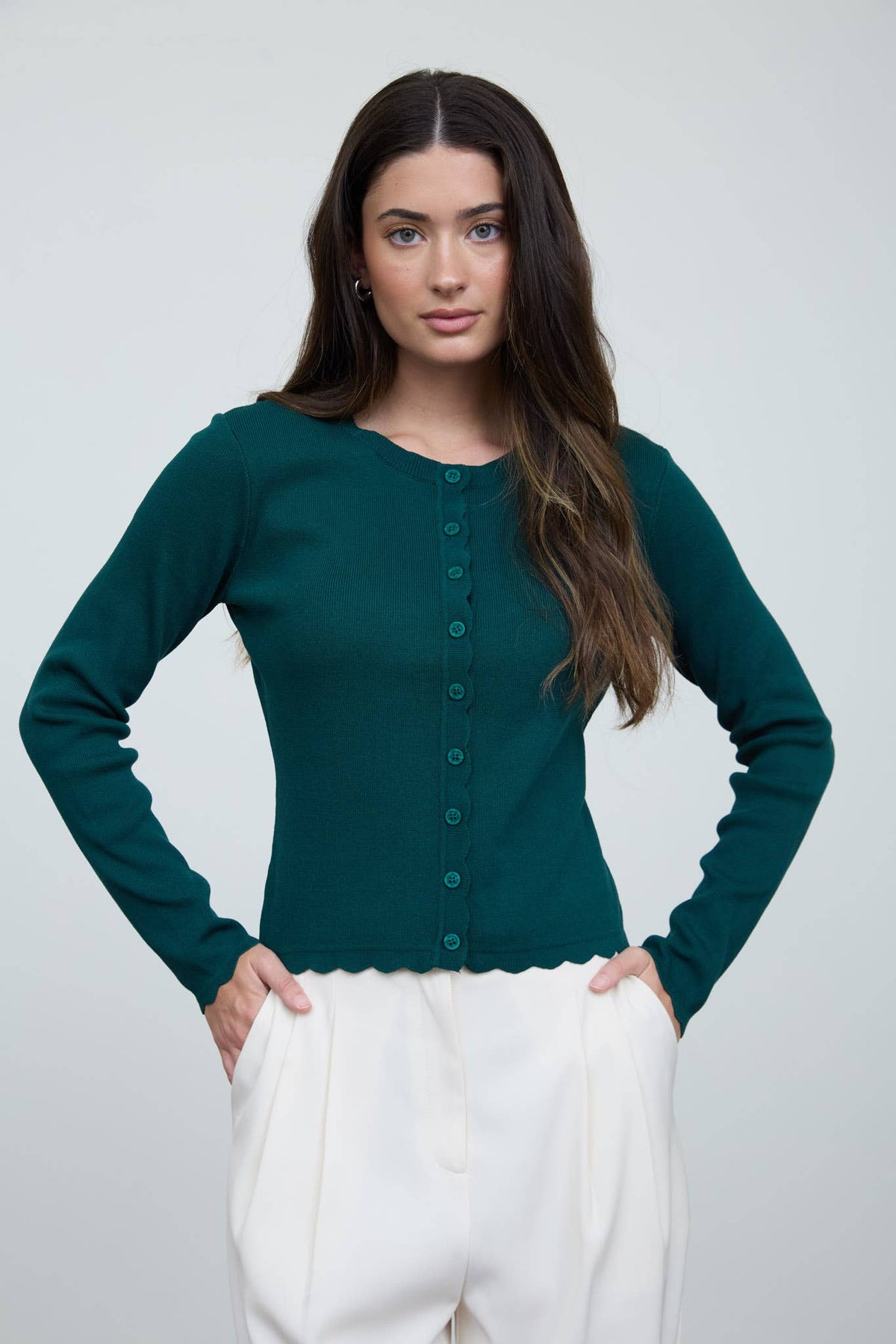 The Workshop Studio Scalloped Button Detail Long Sleeve Knit Cardigan