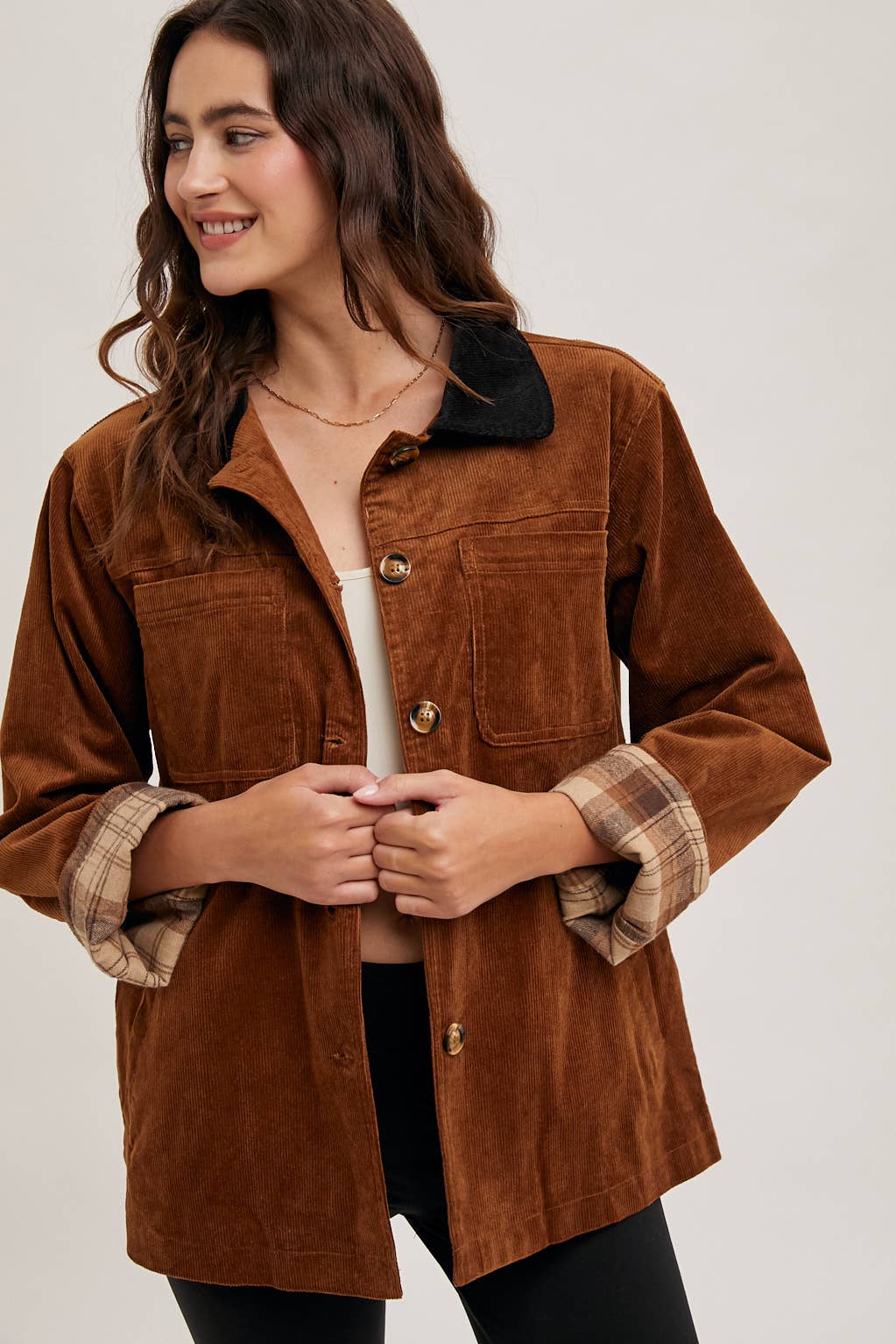 Peace Love Line Women's Corduroy Barn Coat with Plaid Lining (PL4686) – Black