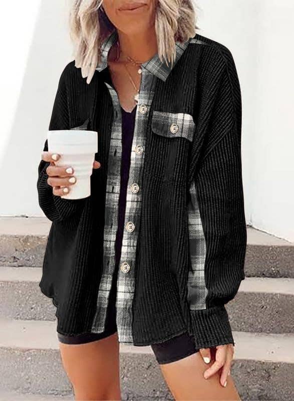 Sweet Kama Women's Plaid Waffle Button-Down Shirt – Apricot